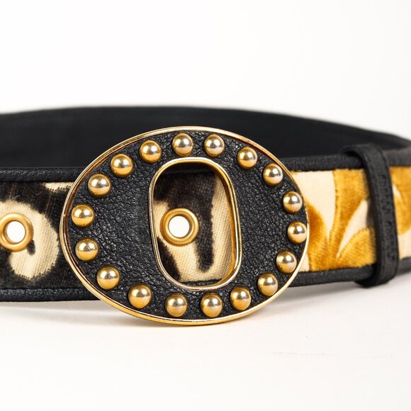 Miu Miu Burn Out Velvet Black Gold Brocade Belt With Gold Studded Buckle, Size S - Picture 3 of 7